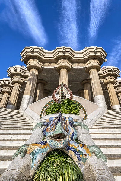 Main staircase with multicolored mosaic salamander, Park Guell, Barcelona, Catalonia