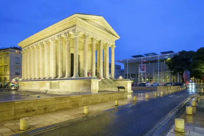 Framed Print : Maison Carra e ancient Roman temple on Place de la Maison Carra e at night, Names