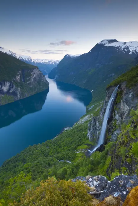 Framed Print : The Majestic Geiranger Fjord illuminated at dusk, Geiranger, More og Romsdal, Norway Framed Print : The Majestic Geiranger Fjord illuminated at dusk, Geiranger, More og Romsdal, Norway