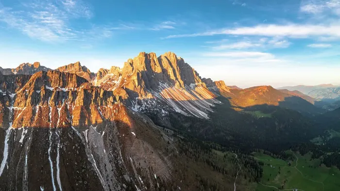 Framed Print : Majestic rocks of the Odle group lit by sunrise, aerial view, Funes Valley, Dolomites, South Tyrol, Italy Framed Print : Majestic rocks of the Odle group lit by sunrise, aerial view, Funes Valley, Dolomites, South Tyrol, Italy