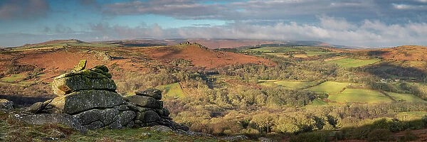 Majestic rugged moorland and countryside from Smallacombe Rocks in Dartmoor National Park, Devon, England