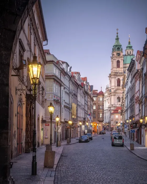 Framed Print : Mala Strana main road as seen from the bridge tower at dusk, Prague, Czech Republic Framed Print : Mala Strana main road as seen from the bridge tower at dusk, Prague, Czech Republic