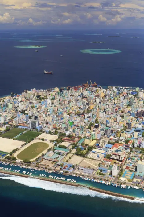 Framed Print : Maldives, Male, Aerial View of Male Town and Island Framed Print : Maldives, Male, Aerial View of Male Town and Island