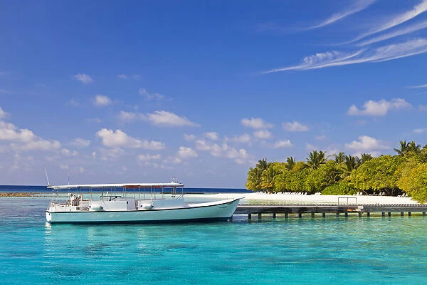 Maldives, Rasdhoo Atoll, Kuramathi Island. A Dive Boat at Kuramathi Island Resort