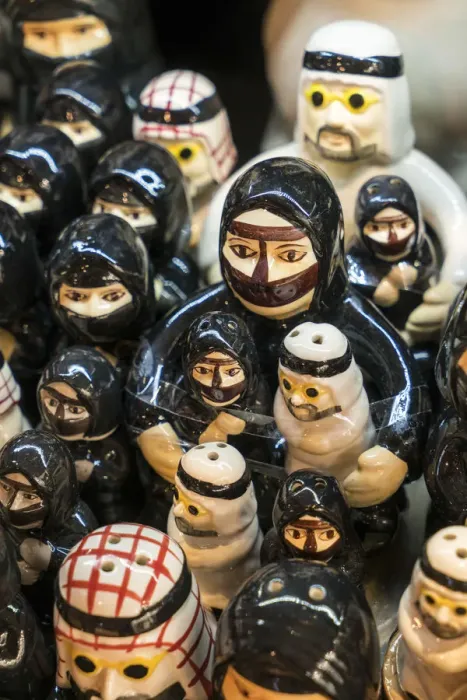 Framed Print : Male & female Arab figures as salt & pepper shakers, Dubai, United Arab Emirates, U. A. E Framed Print : Male & female Arab figures as salt & pepper shakers, Dubai, United Arab Emirates, U. A. E