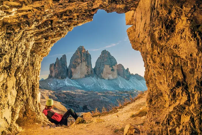 Framed Print : Male hiker watching the Tre Cime di Lavaredo peaks at sunset, Dobbiaco - Toblach, South Tyrol, Italy Framed Print : Male hiker watching the Tre Cime di Lavaredo peaks at sunset, Dobbiaco - Toblach, South Tyrol, Italy