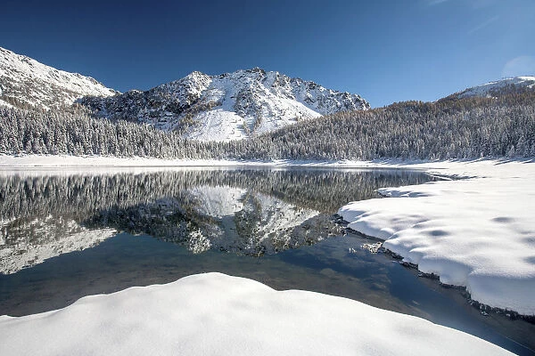 Malenco valley, reflected on the Palu lake after autumn snowy, Lombardy, Italy