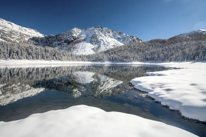 Framed Print : Malenco valley, reflected on the Palu lake after autumn snowy, Lombardy, Italy Framed Print : Malenco valley, reflected on the Palu lake after autumn snowy, Lombardy, Italy