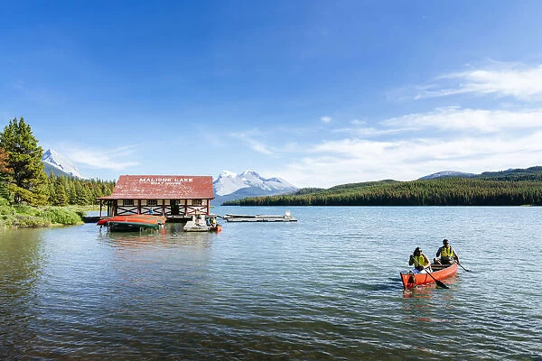 Maligne Lake Boat House with canoa and blue sky, Jasper National Park, Alberta, Canada