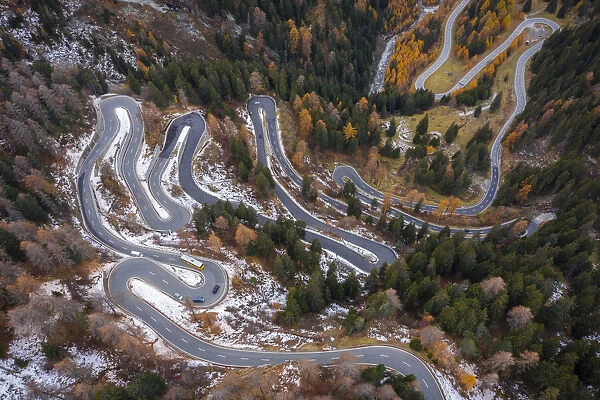 Maloja Pass road in autumn, Bregaglia Valley, Graubunden, Engadine, Switzerland