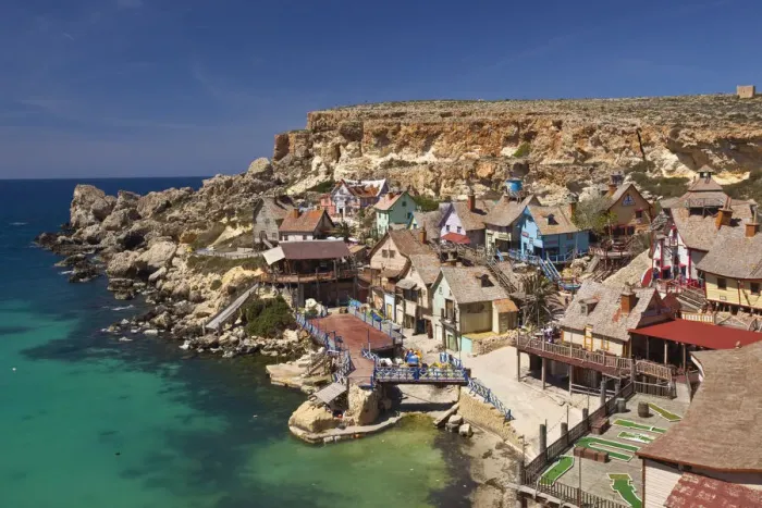 Framed Print : Malta, Northwest Malta, Anchor Bay, Sweethaven, Popeye Village, family fun park, formerly Framed Print : Malta, Northwest Malta, Anchor Bay, Sweethaven, Popeye Village, family fun park, formerly