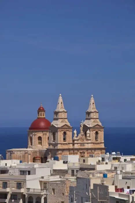 Framed Print : Malta, Northwest Malta, Mellieha, Church of Our Lady of Victory, elevated view