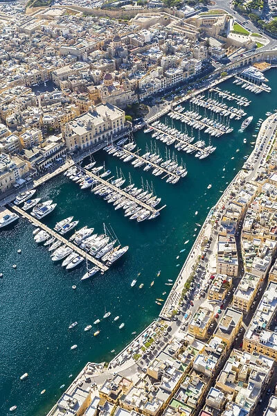 Malta, South Eastern Region, Valletta. Aerial view of Vittoriosa Yacht Marina in the
