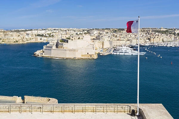 Malta, South Eastern Region, Valletta. The view across Grand Harbour to Fort St Angelo