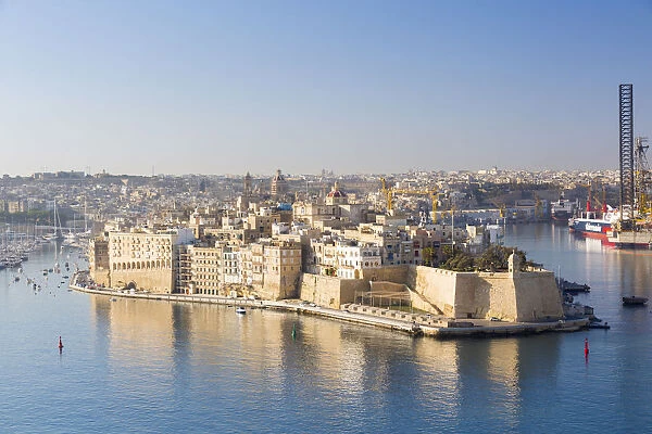 Malta, South Eastern Region, Valletta. The view across Grand Harbour to Senglea
