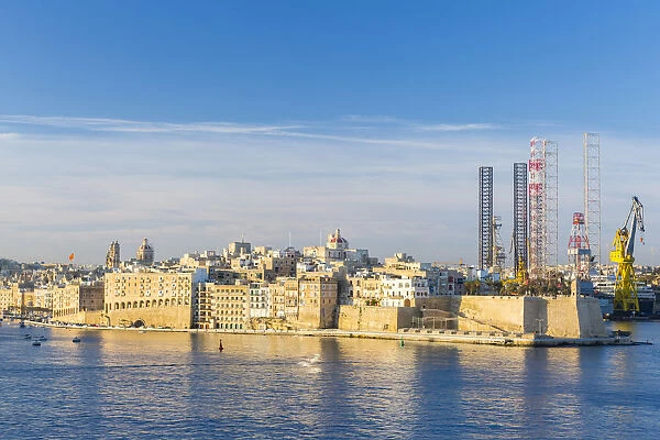 Malta, South Eastern Region, Valletta. The view across Grand Harbour to Senglea