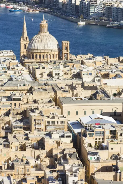 Framed Print : Malta, South Eastern Region, Valletta. Aerial view of the Carmelite Church and St Framed Print : Malta, South Eastern Region, Valletta. Aerial view of the Carmelite Church and St