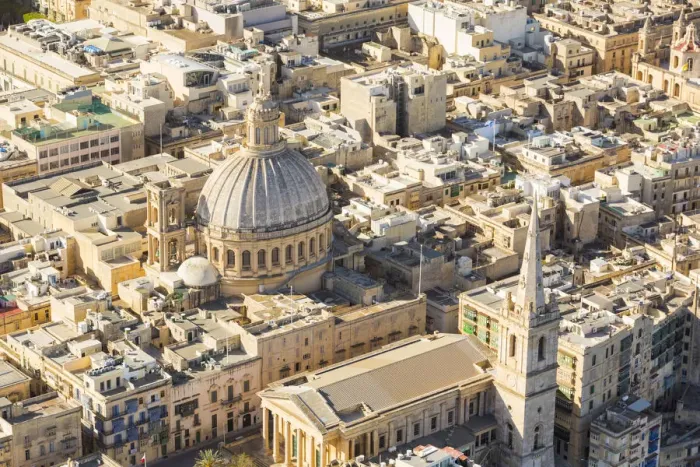 Framed Print : Malta, South Eastern Region, Valletta. Aerial view of the Carmelite Church and St Framed Print : Malta, South Eastern Region, Valletta. Aerial view of the Carmelite Church and St