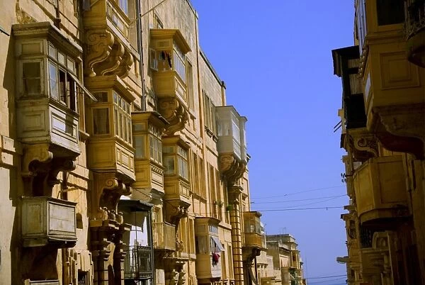 Malta, Valletta, Europe; Traditional Maltese balconies ornate the streets of the capital Valletta