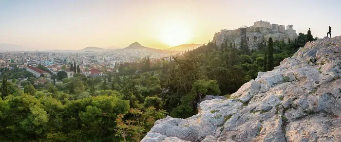 Framed Print : Man admires the sunrise above Athens, Attica region, Greece (MR)