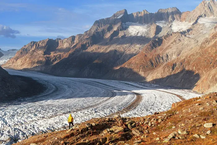 Framed Print : A man admiring the Aletsch glacier from above, Bernese Alps, Valais canton, Switzerland (MR) Framed Print : A man admiring the Aletsch glacier from above, Bernese Alps, Valais canton, Switzerland (MR)