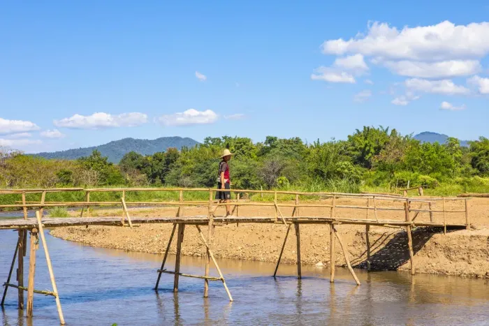 Framed Print : A man crossing a bridge over a river in Pai, Mae Hong Son province, Northern Thailand Framed Print : A man crossing a bridge over a river in Pai, Mae Hong Son province, Northern Thailand