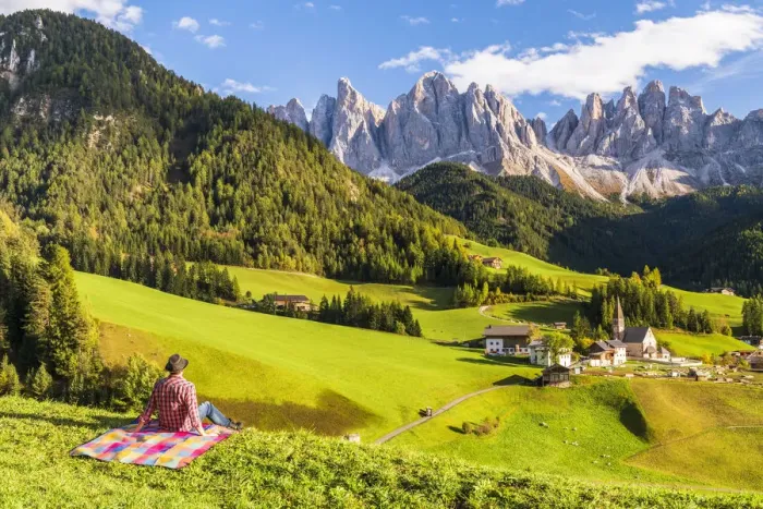 Framed Print : Man enjoying the view over St. Magdalena in Autumn, Val di Funes, Dolomites, South Tyrol Framed Print : Man enjoying the view over St. Magdalena in Autumn, Val di Funes, Dolomites, South Tyrol