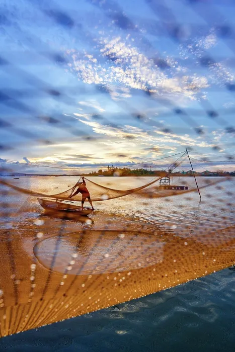 Framed Print : Man handling fishing nets suspended over a river, Hoi An, Quang Nam Province, Central Vietnam. (MR) Framed Print : Man handling fishing nets suspended over a river, Hoi An, Quang Nam Province, Central Vietnam. (MR)