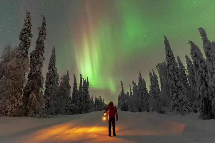 Framed Print : Man with lantern standing in the middle of an icy road looking at Northern Lights (Aurora Borealis), Pallas-yllastunturi national park, Lapland, Finland (MR) Framed Print : Man with lantern standing in the middle of an icy road looking at Northern Lights (Aurora Borealis), Pallas-yllastunturi national park, Lapland, Finland (MR)