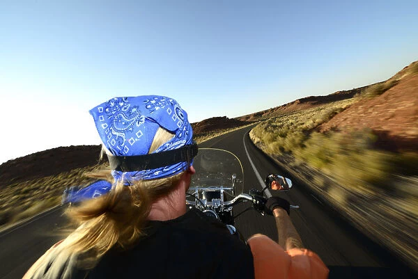 Man riding his Harley near Flagstaff, Arizona, USA MR