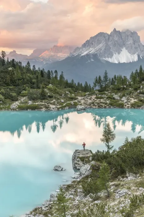Framed Print : Man standing at sunset at Lake Sorapiss, Sorapiss Lake, Dolomites, Veneto, Italy (MR) Framed Print : Man standing at sunset at Lake Sorapiss, Sorapiss Lake, Dolomites, Veneto, Italy (MR)