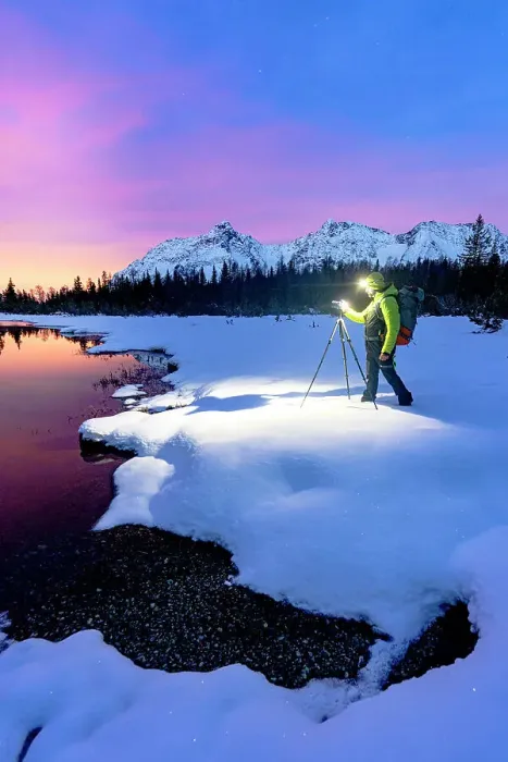 Framed Print : Man with tripod photographing lake Entova at dawn standing on the snowy shores, Valmalenco, Valtellina, Lombardy, Italy Framed Print : Man with tripod photographing lake Entova at dawn standing on the snowy shores, Valmalenco, Valtellina, Lombardy, Italy