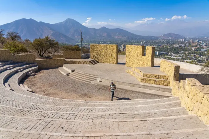 Framed Print : Man walking in amphiteather at Pablo Neruda viewpoint, Los Gemelos hill, Metropolitan Park, Providencia, Santiago, Santiago Province, Santiago Metropolitan Region, Chile (MR)