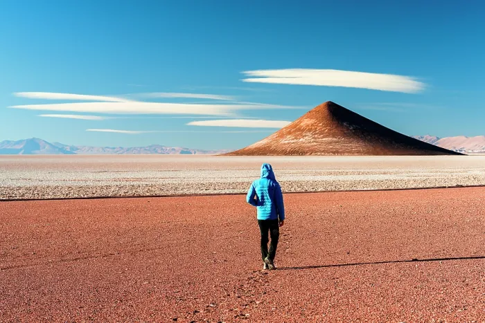 Framed Print : Man walking toward Arita Cone, Salar de Arizaro, Tolar Grande, Puna, Argentina. (MR) Framed Print : Man walking toward Arita Cone, Salar de Arizaro, Tolar Grande, Puna, Argentina. (MR)