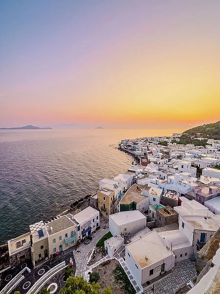 Mandraki Town at sunrise, elevated view, Nisyros Island, Dodecanese, Greece