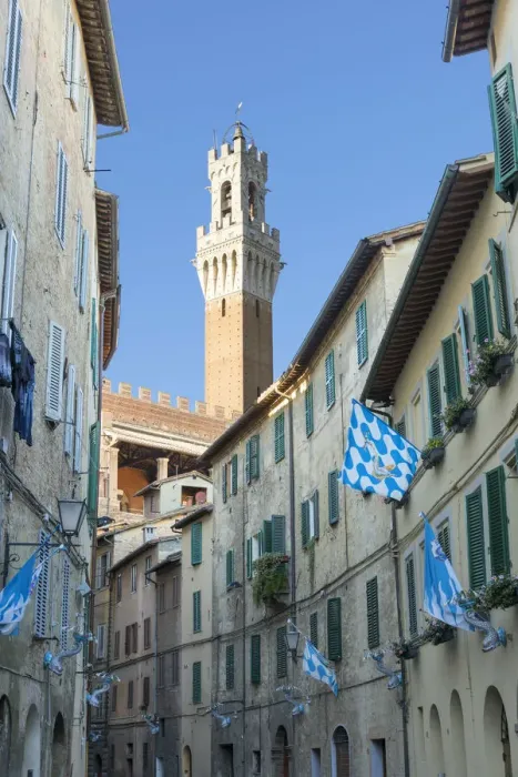 Framed Print : Mangias tower and street with Contrade flags of Onda, Siena, Tuscany, Italy