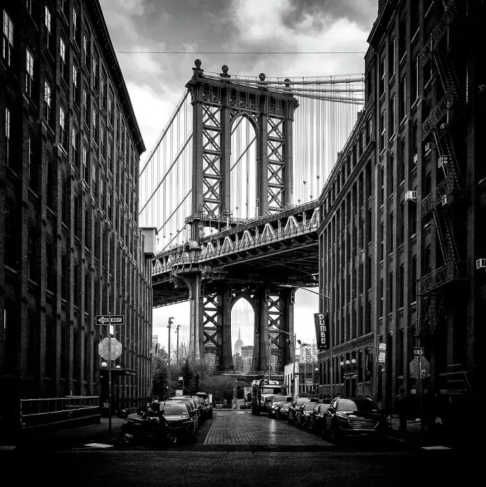 Framed Print : Manhattan Bridge from Washinton Street, Dumbo, Brooklyn, New York City, New York, USA Framed Print : Manhattan Bridge from Washinton Street, Dumbo, Brooklyn, New York City, New York, USA