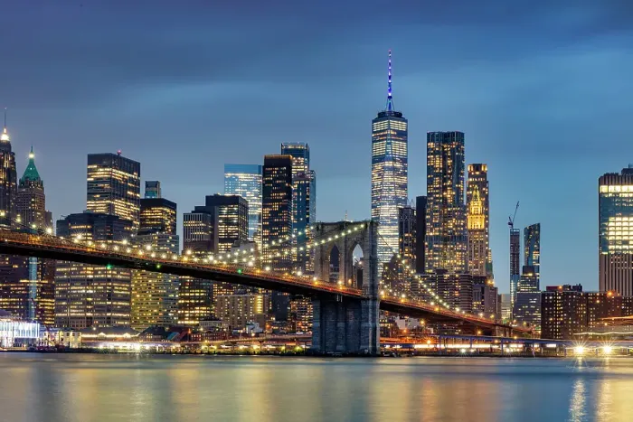 Framed Print : Manhattan and Brooklyn Bridge at dusk, from Pebble Beach, Brooklyn Bridge Park, Brooklyn, New York City, New York, USA Framed Print : Manhattan and Brooklyn Bridge at dusk, from Pebble Beach, Brooklyn Bridge Park, Brooklyn, New York City, New York, USA