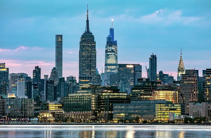 Framed Print : Manhattan and the Empire State Building at dusk, from Liberty State Park, Jersey City, New Jersey, USA