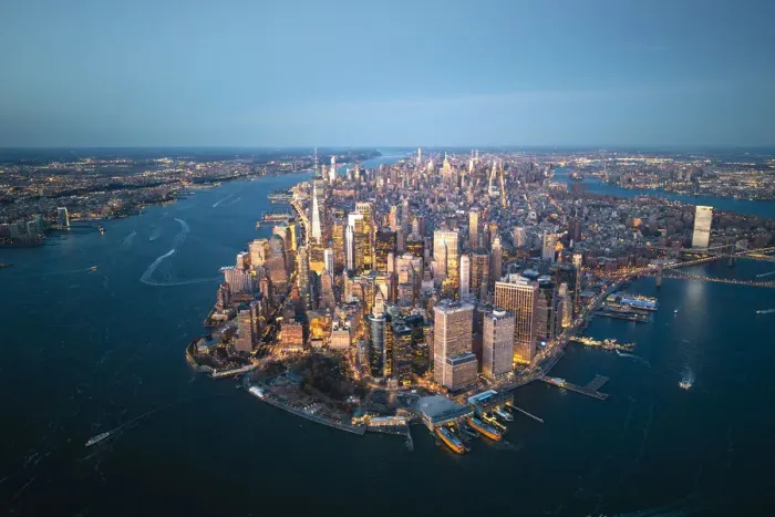Framed Print : Manhattan, New York City, USA. Aerial view of Lower Manhattan at dusk Framed Print : Manhattan, New York City, USA. Aerial view of Lower Manhattan at dusk