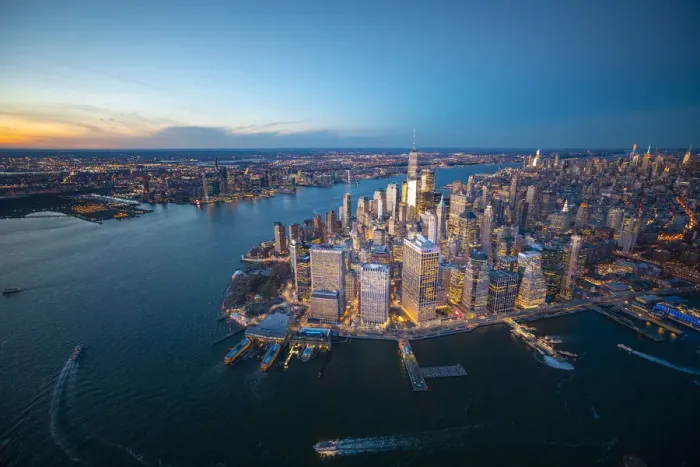 Framed Print : Manhattan, New York City, USA. Aerial view of Lower Manhattan at dusk Framed Print : Manhattan, New York City, USA. Aerial view of Lower Manhattan at dusk