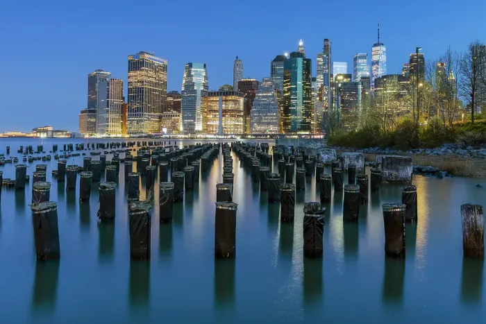 Framed Print : Manhattan from Pier 1 at dusk, Brooklyn Bridge Park, Manhattan, New York City, New York, USA