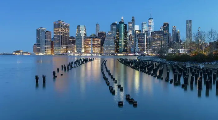 Framed Print : Manhattan from Pier 1 at dusk, Brooklyn Bridge Park, Manhattan, New York City, New York, USA Framed Print : Manhattan from Pier 1 at dusk, Brooklyn Bridge Park, Manhattan, New York City, New York, USA