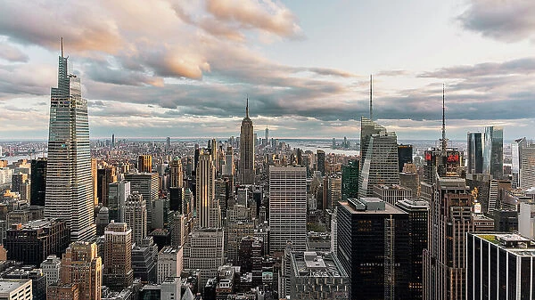 Manhattan skyline and buildings at sunset, New York City, USA