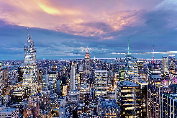 Manhattan skyline and buildings after sunset, New York City, USA