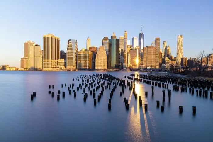 Framed Print : Manhattan at sunrise, from Pier 1, Brooklyn Bridge Park, Brooklyn, New York City, New York, USA