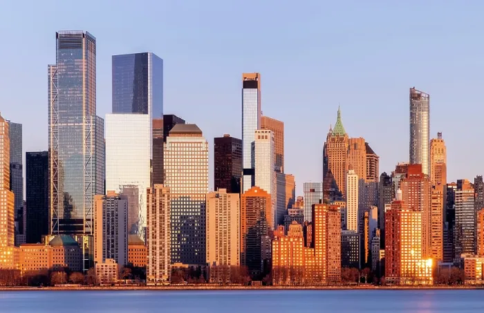 Framed Print : Manhattan at sunset, from Exchange Placxe, Jersey City, New Jersey, USA Framed Print : Manhattan at sunset, from Exchange Placxe, Jersey City, New Jersey, USA
