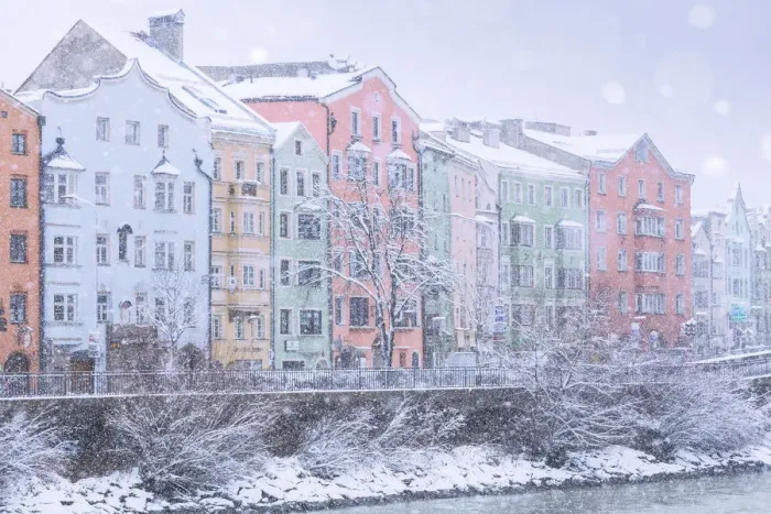 Framed Print : Mariahilf facades on a snowy day, Innsbruck, Tyrol, Austria Framed Print : Mariahilf facades on a snowy day, Innsbruck, Tyrol, Austria