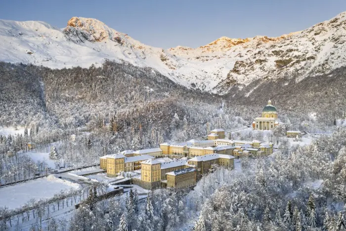 Framed Print : The Marian Sanctuary of Oropa after an heavy snowfall at dawn (Biella, Biella province Framed Print : The Marian Sanctuary of Oropa after an heavy snowfall at dawn (Biella, Biella province