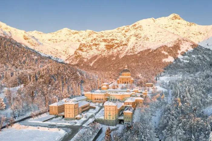 Framed Print : The Marian Sanctuary of Oropa after an heavy snowfall at sunrise (Biella, Biella province Framed Print : The Marian Sanctuary of Oropa after an heavy snowfall at sunrise (Biella, Biella province